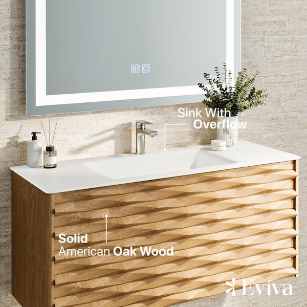 Eviva Lumber 44 in. W Solid Wood Floating Bathroom Vanity in Oak with White Solid Surface Top with White Sink