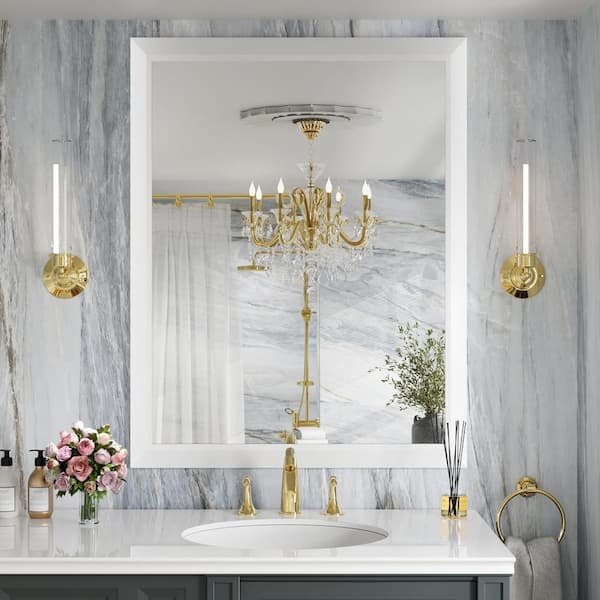 28 in. W x 36 in. H Rectangular Aluminum Alloy Framed and Tempered Glass Wall Bathroom Vanity Mirror in Matte White