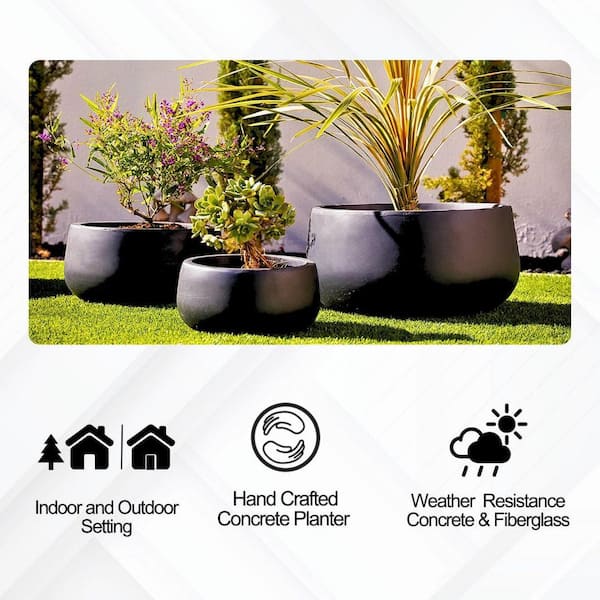 Kante 19.6 in. 15.7 in. 11.8 in. Dia Round Black Concrete Indoor/Outdoor Planters (Set of 3) Modern Curvaceous Design