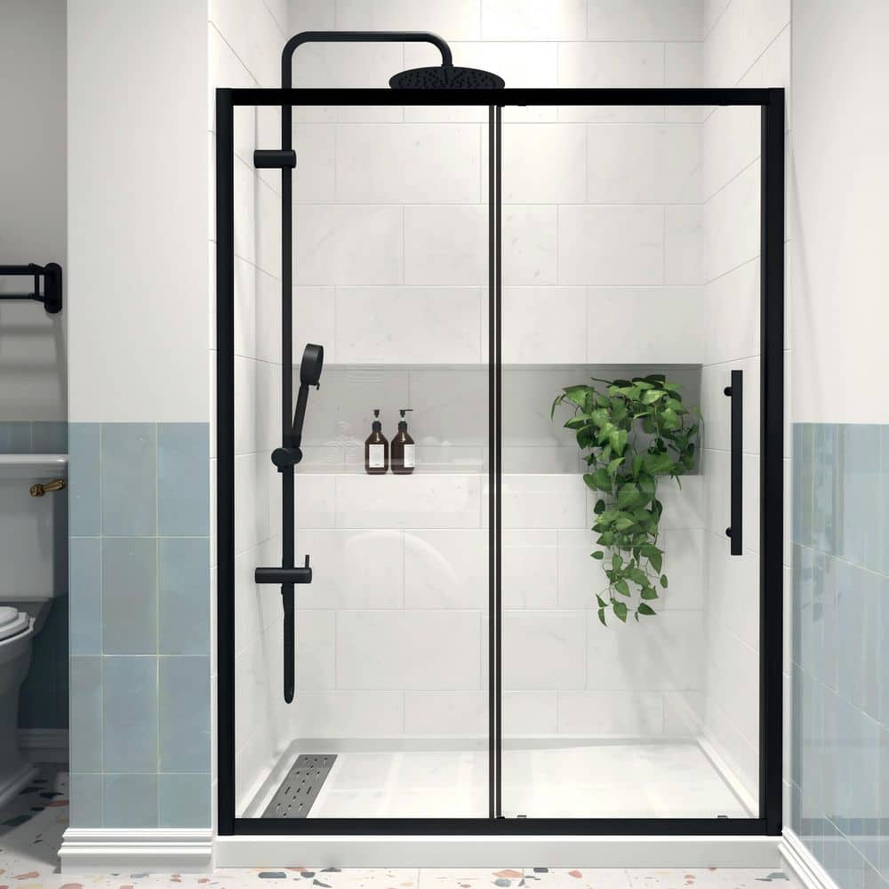 Modern 54 in. W x 72 in. H Sliding Semi-Frameless Shower Door in Matte Black Finish with 1/4 in. (6mm) Clear Glass price history on PriceWatchPro