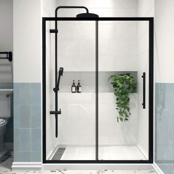 imperiol Modern 54 in. W x 72 in. H Sliding Semi-Frameless Shower Door in Matte Black Finish with 1/4 in. (6mm) Clear Glass