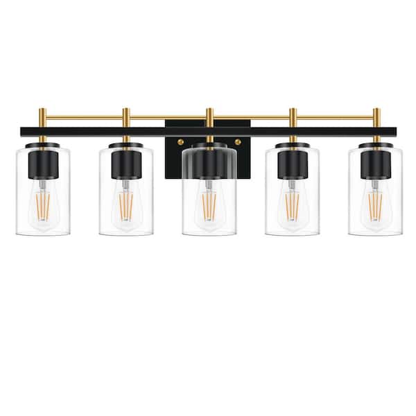 HKMGT Farmhouse 30.7 in. 5-Light Gold and Black Bathroom Vanity Light with Glass Shade