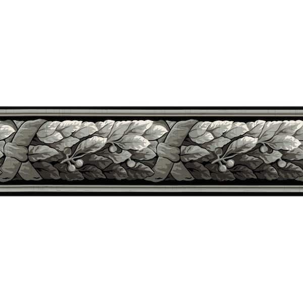 The Wallpaper Company 4.1 in. x 15 ft. Black and Grey Architectural Leaf Border