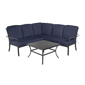 Redwood Valley Black 4-Piece Steel Outdoor Patio Sectional Sofa Set with CushionGuard Midnight Navy Blue Cushions