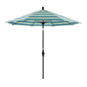9 ft. Matted Black Aluminum Market Patio Umbrella with Collar Tilt Crank Lift in Seville Seaside Sunbrella