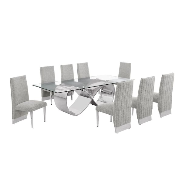 Best Quality Furniture Celia 9-Piece Clear Tempered Glass Top with Stainless Steel Base Dining Set with 8-Rich Grey Chairs