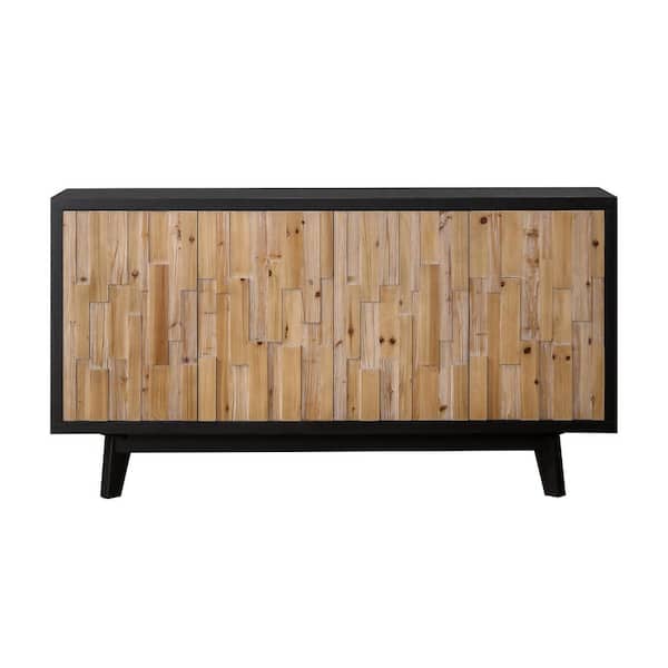 Clihome Black Modern Wooden 32 in. 4-Door Storage Cabinet with Textured Geometric Design - Natural Wood Door