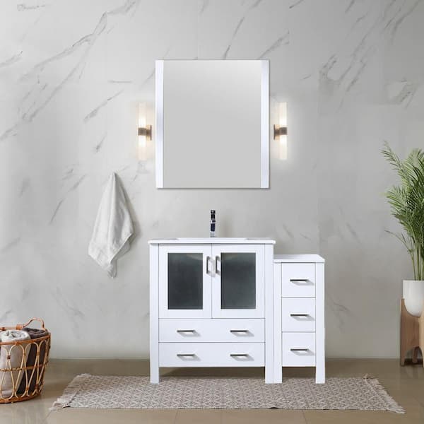 Volez 42 in W x 18.25 in D White Single Bath Vanity with Side Cabinet, White Ceramic Top, and Faucet Set