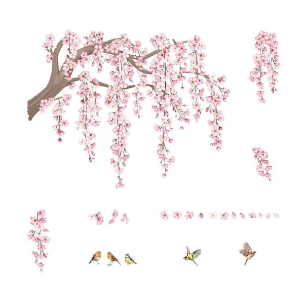 57.08 in. x 48.03 in. Pink Leaf Flower Birds Wall Decal, Hanging Vine Wall Decals for Living Room TV Background Bedroom