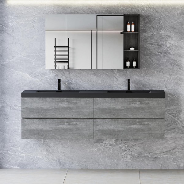 70.87 in. W x 19.69 in. D x 22.44 in. H Single Sink Wall Mounted Bath Vanity in Grey with Black Solid Surface Top