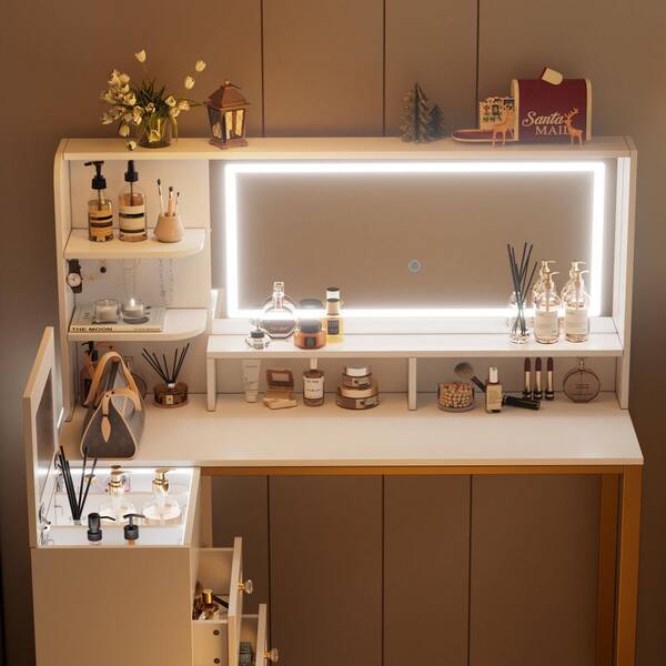 PAKASEPT White Makeup Vanity With Mirror And Lights, L Shaped