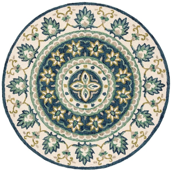Novelty Ivory/Blue 5 ft. x 5 ft. Round Border Area Rug