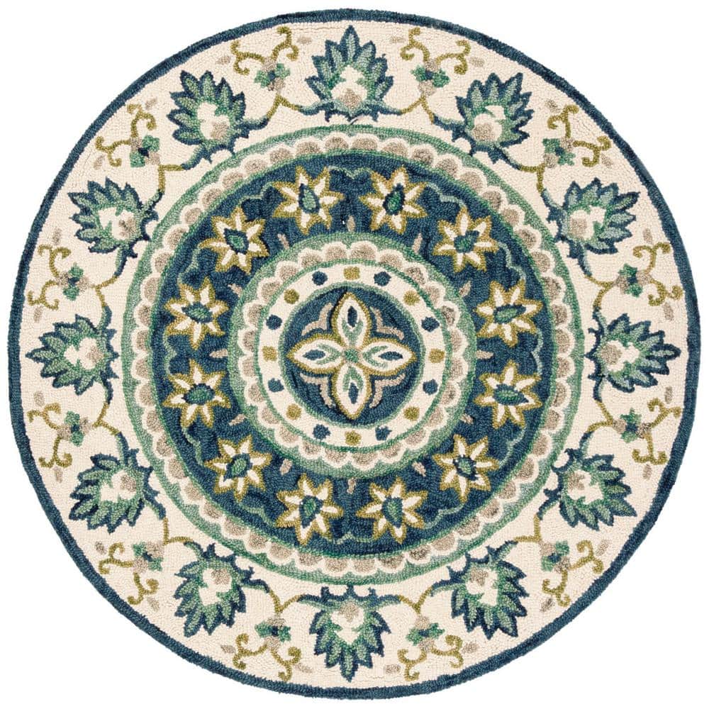 Handmade Ivory and Blue Round Wool Tufted Area Rug