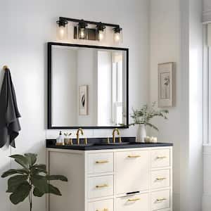 Modern 28 in. 4-Light Black Vanity Light Industrial Wall Sconce with Clear Glass Shades for Bathroom and Powder Room