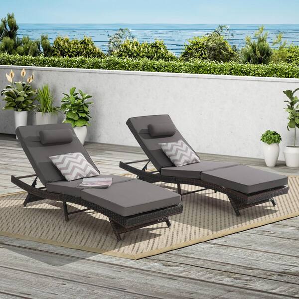 Wicker Outdoor Reclining Lounge Chair with Dark Gray Cushions Adjustable 5-Position Chaise Lounge with Pillow (2-Pack)