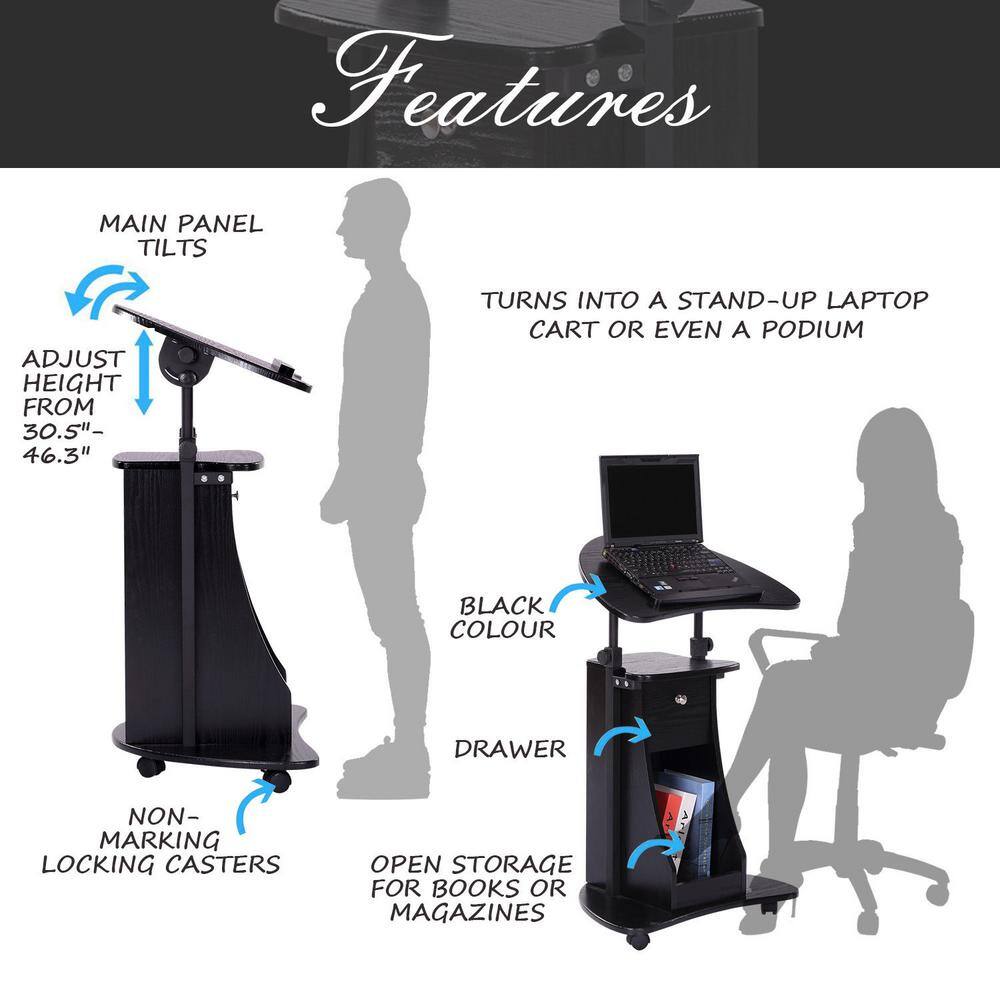 Black Adjustable Height Mobile Laptop Cart with Drawer