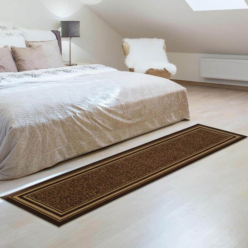 Brown and Beige Bordered Runner Rug with Non-Slip Backing
