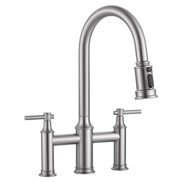 Pull Down Sprayer Double Handle Bridge Kitchen Faucet in Brushed Nickel