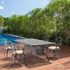 Lily Black 5-Piece Cast Aluminum Outdoor Dining Set with Rectangle Table and Dining Chairs with Random Color Cushion