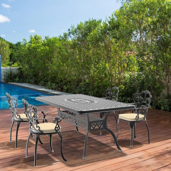 Willit Lily Black 5-Piece Cast Aluminum Outdoor Dining Set with Rectangle Table and Dining Chairs with Random Color Cushion