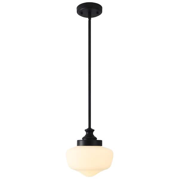 1-Light Schoolhouse Black Acorn Pendant with Cream Glass Shade, Bulb Not Included