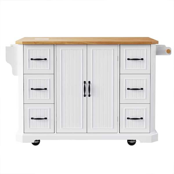 White Wood 47.3 in W Kitchen Island with Rubber Wood Veneer Drop Leaf, Power Outlet, 4 Door Shelves, 4 Wheel, 6 Drawers