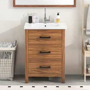 24 in. W x 18.3 in. D x 34 in. H Single Sink Freestanding Bath Vanity in Natural Wood with White Ceramic Top & 3-Drawers