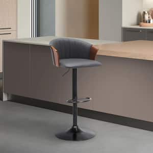 Lydia Adjustable 33 in. Grey/Walnut and Black Metal/Wood Bar Stool with Grey Faux Leather Seat