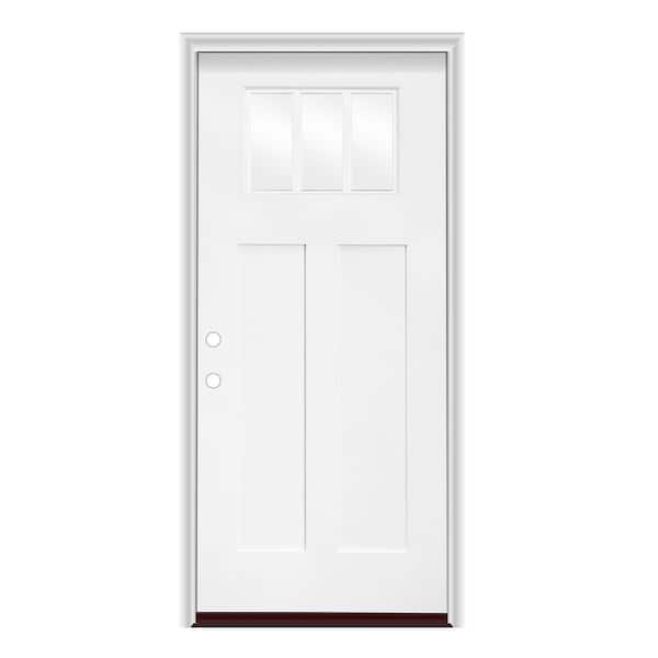 36 in. x 80 in. Right-Hand Inswing Craftsman 3-Lite Clear Glass Primed White Smooth Fiberglass Prehung Front Door