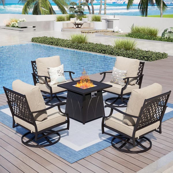 PHI VILLA Black Metal 4 Seat 5-Piece Steel Outdoor Patio Conversation Set with Beige Cushions,Swivel Chairs,Square Fire Pit Table