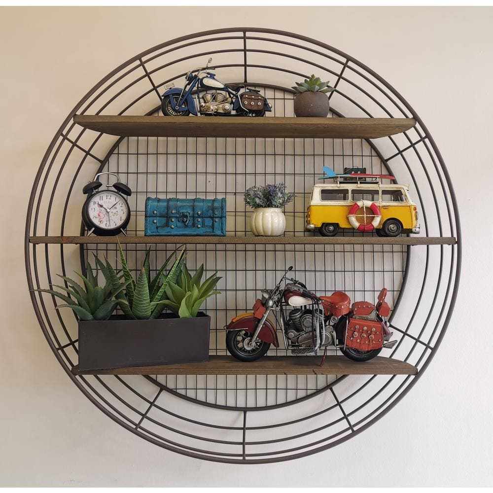 Rustic Elegance 39" Round Iron and Wood 3-Tier Floating Wall Shelf
