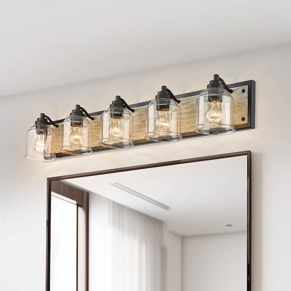 Farmhouse 40 in. 5-Light Black and Grey Wood Grain Metal Bathroom Vanity Light with Clear Seeded Glass Shades