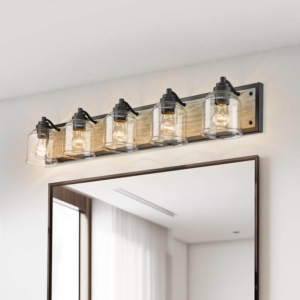 pasentel Farmhouse 40 in. 5-Light Black and Grey Wood Grain Metal ...