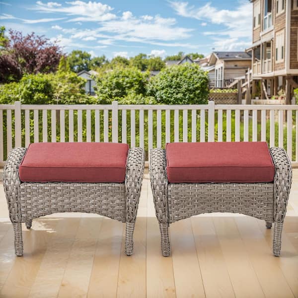 Flat Armrest Series Gray Wicker Outdoor Patio Ottoman with Cushion Guard Red Cushions (2-Pack)