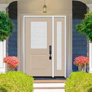 Legacy 53 in. x 80 in. 1/2 Lite Rain Glass RHOS Primed Sandstone Finish Fiberglass Prehung Front Door w/14 in. SL