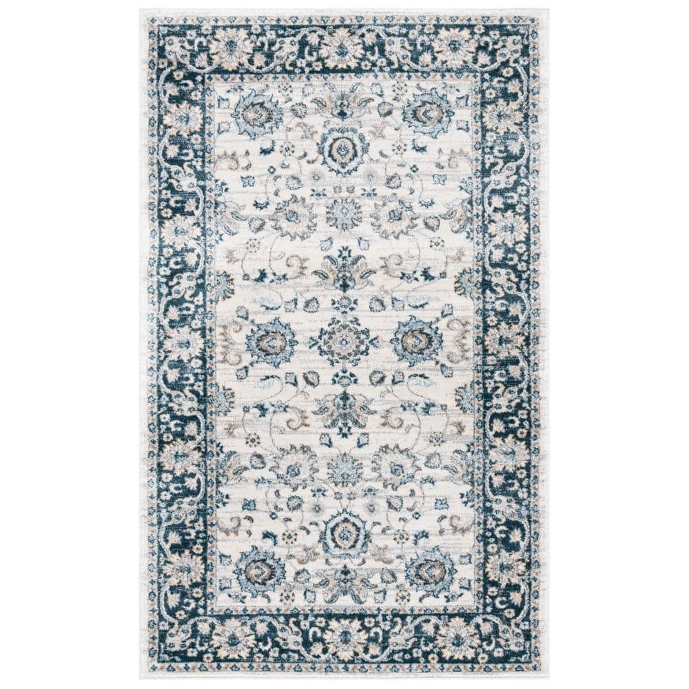 Isabella Cream and Navy Floral Border 3' x 5' Area Rug