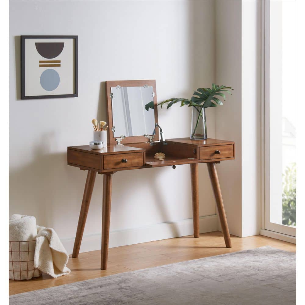 Cinnamon Birch Veneer Mid-Century Modern Vanity Desk with Mirror
