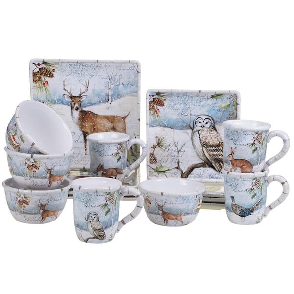 Winter's Lodge 16-Piece Seasonal Assorted Colors Ceramic Dinnerware Set (Service for 4)