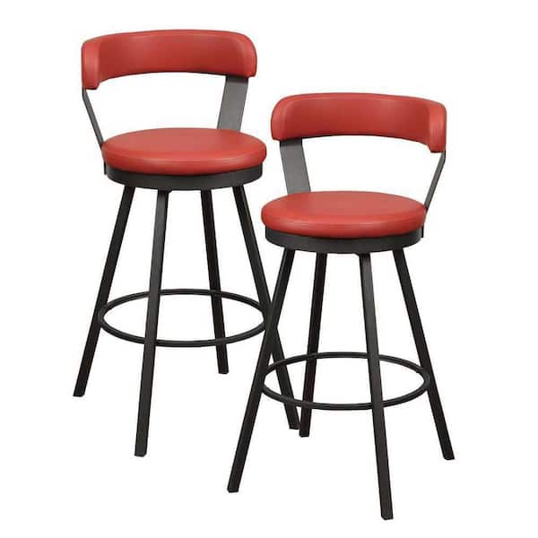 EVERGLADE HOME Avignon 40.5 in. Mottled Silver Low Back Metal Frame Swivel Bar Stool with Red Faux Leather Seat (Set of 2)