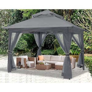 13 ft. x 13 ft. Gray Steel Pop Up Portable Gazebo Outdoor Patio Canopy Double Roof with Mosquito Netting