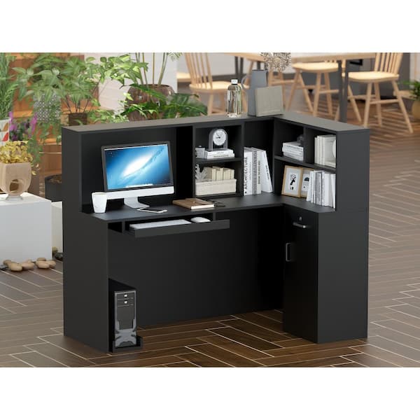 Reversible L-Shaped Desk Computer Desk with Drawers & Shelf Ample Storage - FUFUGAGA Black