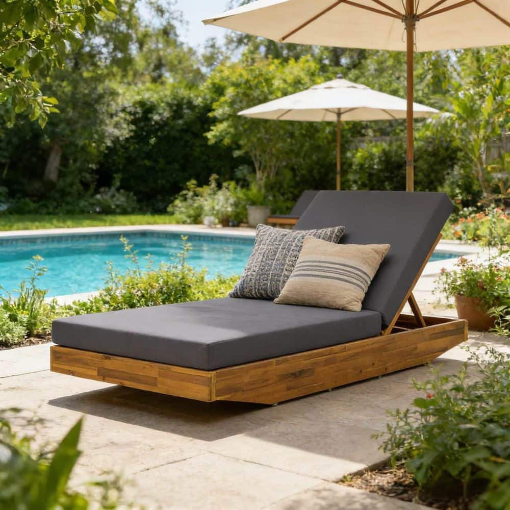 Teak Finish Acacia Wood Outdoor Chaise Lounge with Dark Gray Cushion, Adjustable Positions for Patio, Deck Poolside Area