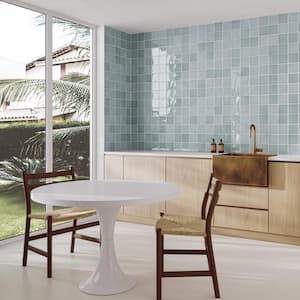 Marin Square Glossy Misty Blue (Light Blue) 4 in. x 4 in. Ceramic Wall Tile (5.49 sq. ft./Case)