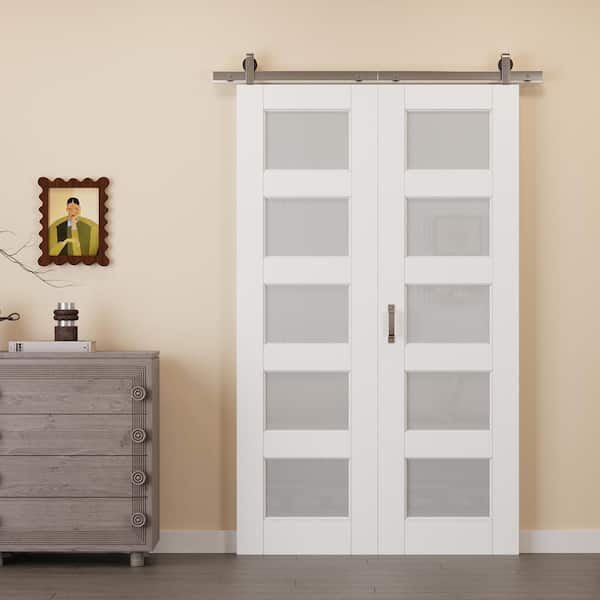 48 in. x 96 in. 5 Lite Tempered Frosted Glass White Primed MDF Bifold Sliding Barn Door with Hardware Kit Nickel