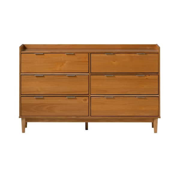 Welwick Designs 6-Drawer Caramel Solid Wood Mid-Century Modern Gallery-Top Dresser (33.75 in. H x 55.25 in. W x 16 in. D)