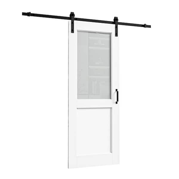 32 in. x 80 in. 1/2 Lite Glass White Primed MDF Composite Sliding Barn Door with Hardware Kit and Pantry Sticker