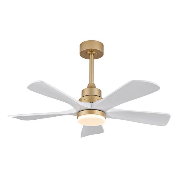 42 in. Smart Gold Solid Wood White Blades 2-Size Downrod Mount Standard Ceiling Fan with 3-Color Dimmable LED Light