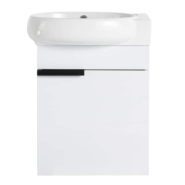 Boosicavelly 15.06 in. W x 8.06 in. D x 17.69 in. H Single Sink Wall Mounted Bath Vanity in Gloss White with White Ceramic Top