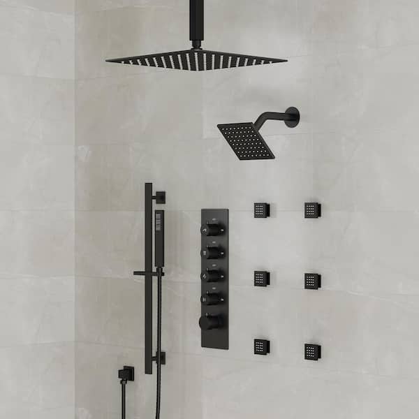 15-Spray Patterns 16 and 6 in. Ceiling Mount Dual Shower Head and Handheld with Sliding Bar 2.5 GPM in Matte Black
