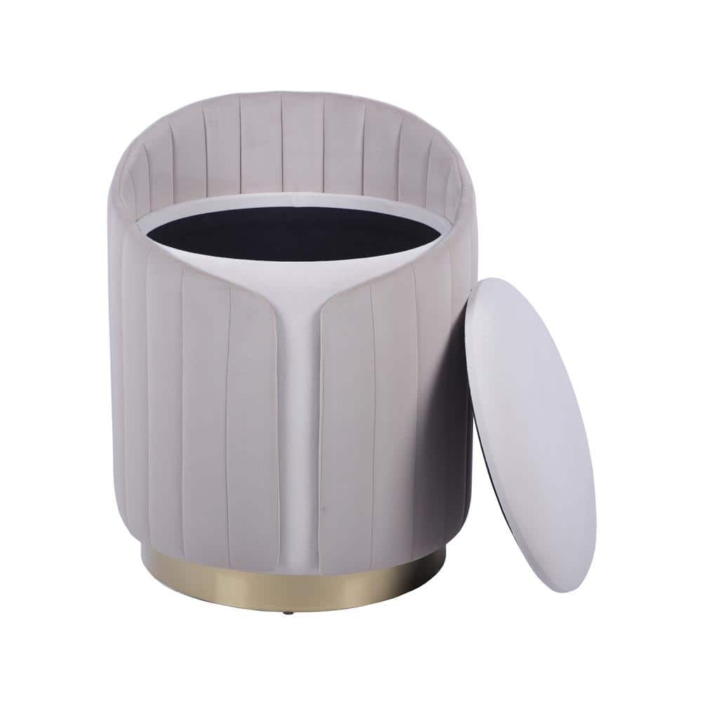 Taupe velvet vanity stool with the lid removed to show the storage compartment.